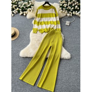 Korean style lazy style contrasting striped pullover knitted sweater for women in autumn and winter, two-piece set, high waist slimming and wide leg pants