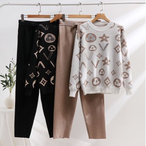 European Station Old Flower Jacquard European Trendy Knitted Knitted Two Piece Set Round Neck Hot Brick Temperament Sweater Set 2024