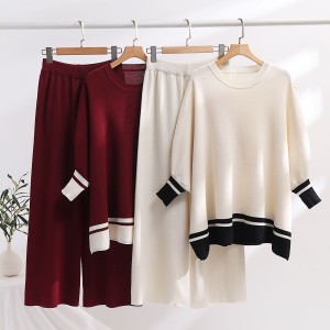 Southeast Asian Cross border Knitted Set, Women's Two piece Set, Skinny Wide Leg Pants, Bat Bat Shirt, Long Sleeve High Elasticity Top, Women's Clothing