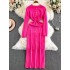 2024 autumn socialite temperament slim fit slimming long sleeved round neck high waist single breasted contrasting color wrapped hip knit dress