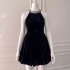 French retro style socialite hanging neck rhinestone black velvet slim fit short skirt dress 68359