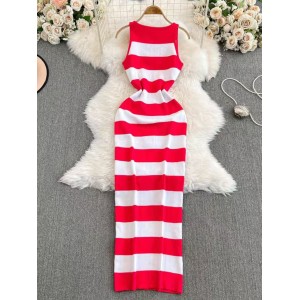 2024 summer sleeveless women's fashion casual striped design exudes a sense of luxury and slimming temperament, including a hip hugging dress and a long skirt