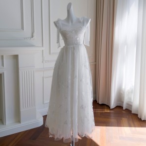 Spring and Autumn White Embroidered Mesh Skirt Long Strap Bow strapless Dress Female Elegant socialite 68722