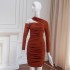 2024 Autumn/Winter New Red Shoulder Long Sleeve Slimming Dress 68852