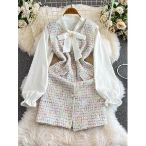 Autumn outfit paired with a complete set of bow tie tie patchwork bubble sleeve shirt+tweed vest short skirt two-piece set