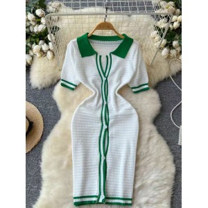 High end small fragrance retro contrasting color polo collar short sleeved slim fit single breasted hollow knit dress for women