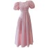 French elegant and gentle style, pink retro bubble sleeves, first love sweet temperament, long skirt, vacation dress 66652