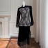 2024 Spring/Summer New Product Black Round Neck Lace Splicing Temperament Long Sleeve Top for Daily Women 71382