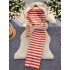 Striped Knitted Set for Women 2024 New Sexy Hot Girl Long Sleeve Umbilical Top+High Waist Hip Wrapping Skirt Half Body Skirt