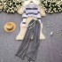 Casual suit women's Korean version versatile lapel contrasting stripes short knit top high waisted sweater wide leg floor pants