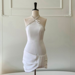 French style neck hanging slim fitting dress, sexy socialite temperament dress, white sweet rhinestone neck hanging dress 68694