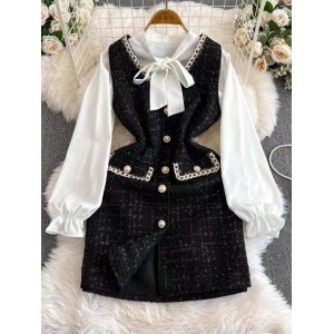 Autumn outfit paired with a complete set of bow tie tie patchwork bubble sleeve shirt+tweed vest short skirt two-piece set