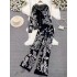 Fashion suit for women, autumn and winter, ink painting, jacquard zipper, hooded knit hoodie, two-piece set, high waist and wide leg pants