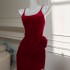 Vintage camisole red dress, light luxury birthday party, mid to long style, side slit, elegant evening dress 68432