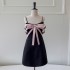 Spring and summer simple waist cinching sexy short skirt elegant temperament suspender black patchwork bow dress 68685