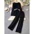 Fashion suit women's Korean retro long sleeved round neck loose slimming knit sweater two-piece set high waist wide leg pants