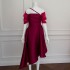 2024 Spring/Summer New Product Wine Red Temperament Waist slimming Irregular Dress 68505