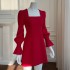 Light luxury socialite red dress dress French retro bubble sleeves square collar waist slimming long sleeved dress 68431