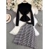 Fashion suit women's half high neck gold shoulder button knit sweater top two-piece set high waist slimming plaid skirt autumn