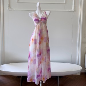 French gentle style printed dress sexy V-neck sleeveless dress beach vacation chiffon camisole long dress 68580