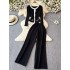 Fashion suit women's Korean retro long sleeved round neck loose knit sweater two-piece set high waist slimming wide leg pants