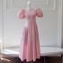 French elegant and gentle style, pink retro bubble sleeves, first love sweet temperament, long skirt, vacation dress 66652