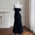 French style socialite style one shoulder black dress sexy slim fit fishtail suspender long dress 68531