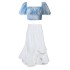 Summer new style with a fresh blue bubble sleeve top paired with a mid length pleated irregular knee length skirt