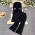 Autumn and winter new lazy style knitted sweater two-piece set for women, medium and long, with straps, waist cinched and slit sweater, high waisted pants