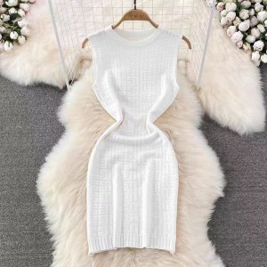 2024 Summer New Korean Round Neck Jacquard Knitted Tank Top Skirt Sleeveless Slim Fit Short Package Hip Wrap Dress