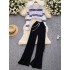 Casual suit women's Korean version versatile lapel contrasting stripes short knit top high waisted sweater wide leg floor pants