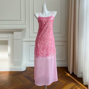 2024 Spring/Summer New Product Rose Pink Sparkling Strap Style Long Dress for Women 68476