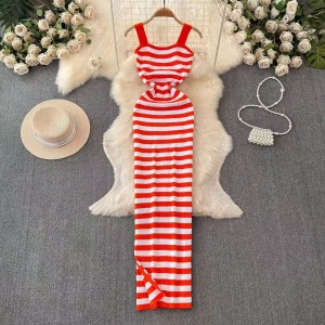 Fashionable and sexy striped collarbone exposed French style dress with a cinched waist and slimming base, knitted hip hugging suspender dress