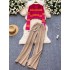 Casual suit women's Korean version versatile lapel contrasting stripes short knit top high waisted sweater wide leg floor pants