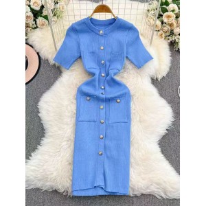 European and American style foreign trade women's clothing new 2024 fashionable solid color round neck single breasted short sleeved slim fit dress