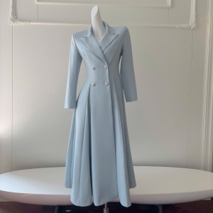 2024 Autumn/Winter New Product Water Blue Temperament Long Style Suit Dress Daily Dress Female 68830