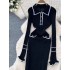 French retro small fragrant style dress for women's fashion, contrasting color collar, long sleeved slim fit and slimming knit skirt, knee length long skirt