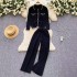 French retro small fragrance style retro lapel long sleeved knitted shirt top+high waist casual wide leg straight leg pants set