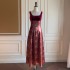 French retro square collar camisole dress with floral vest skirt, wine red toast dress, elegant formal dress dress 68340