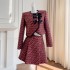 2024 autumn and winter new product: red tweed long sleeved top and jacket paired with short skirt for women