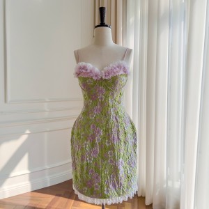 Oil painting style artistic feeling white lace pleated purple three-dimensional flower sleeveless suspender strapless dress 67948