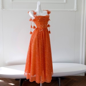 Socialite temperament party birthday dress medium long camisole dress orange red vacation dress 68688