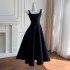 French Hepburn style black suspender dress, socialite style retro slim fit waist slimming dress, long skirt 68679