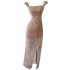 Mesh Embroidered Bead Light Luxury Evening Dress French One Shoulder Strap Dress Slim fit Waist Split Long Dress 68510