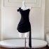 Sexy hot girl black suspender dress with pleated bow temperament, slim fit, waist pack, hip skirt, female 68414