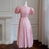 French elegant and gentle style, pink retro bubble sleeves, first love sweet temperament, long skirt, vacation dress 66652