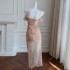 Mesh Embroidered Bead Light Luxury Evening Dress French One Shoulder Strap Dress Slim fit Waist Split Long Dress 68510