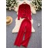 French retro small fragrance style retro lapel long sleeved knitted shirt top+high waist casual wide leg straight leg pants set