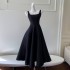 French Hepburn style black suspender dress, socialite style retro slim fit waist slimming dress, long skirt 68679