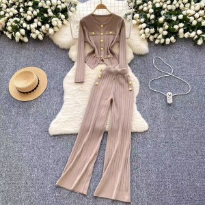 Two piece set of women's high waisted casual pants with a high-end feel, small fragrance, metal buckle round neck, slim fit and versatile long sleeved knitted shirt